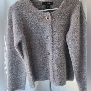 Tahari Gray Fluffy Boucle Mohair Cardigan